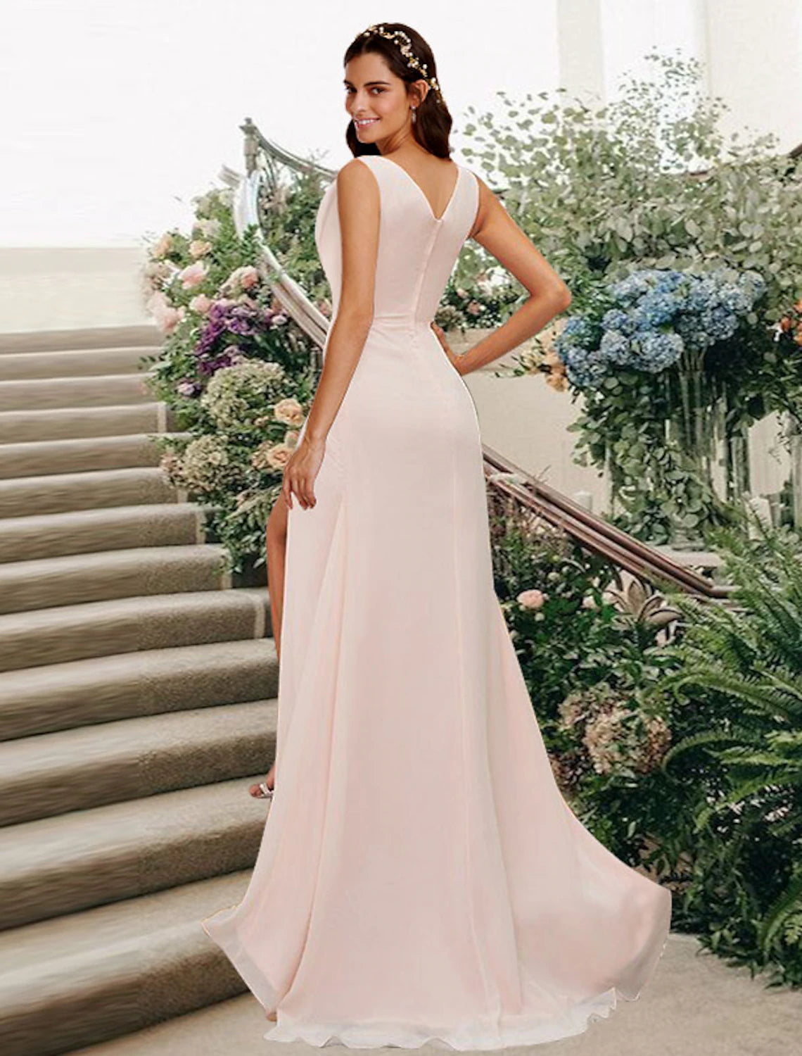 Wholesale A-Line Bridesmaid Dress V Neck Sleeveless Elegant Floor Length Chiffon with Split Front / Ruching